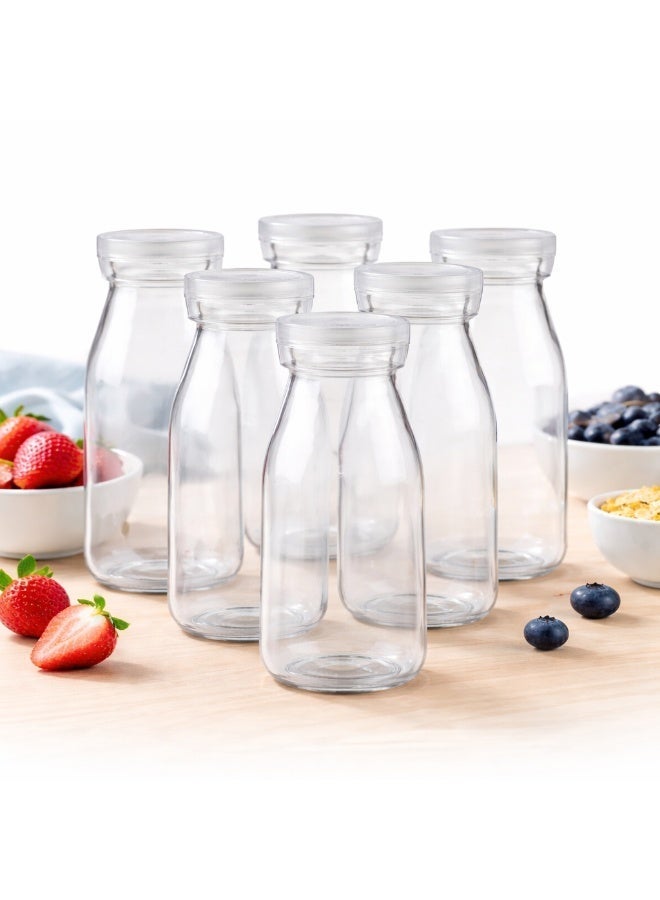 Luxoraq 200ml Plastic Juice Bottle with Caps, (Pack of 6) Clear Milk Bottles, Reusable Juice Containers with Leak-Proof White Lids, BPA-Free Smoothie Water Bottles for Homemade Beverages, Kombucha - Image 1